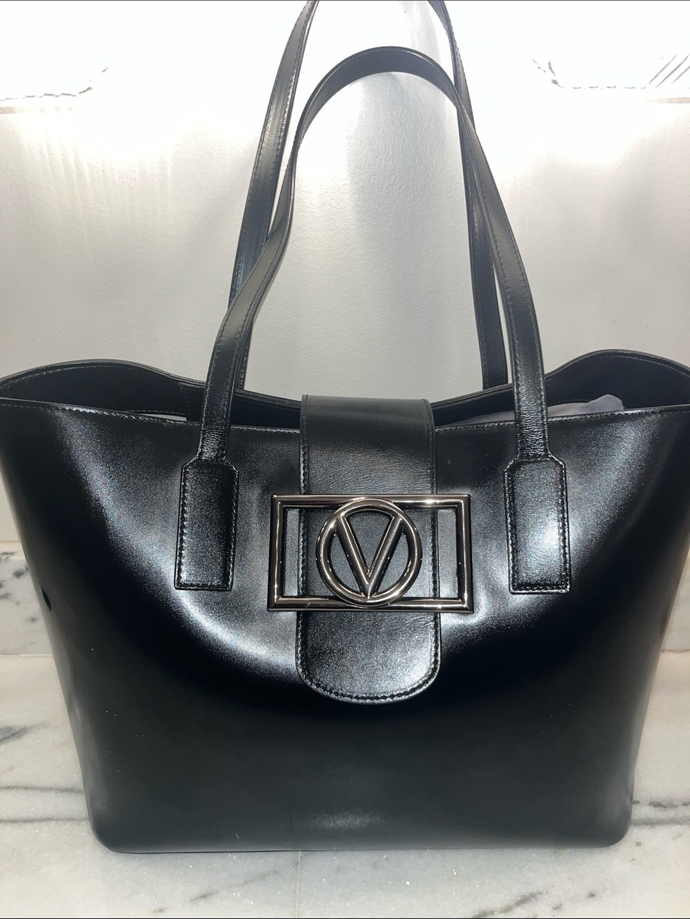 Valentino Black Leather Tote with Signature V Buckle